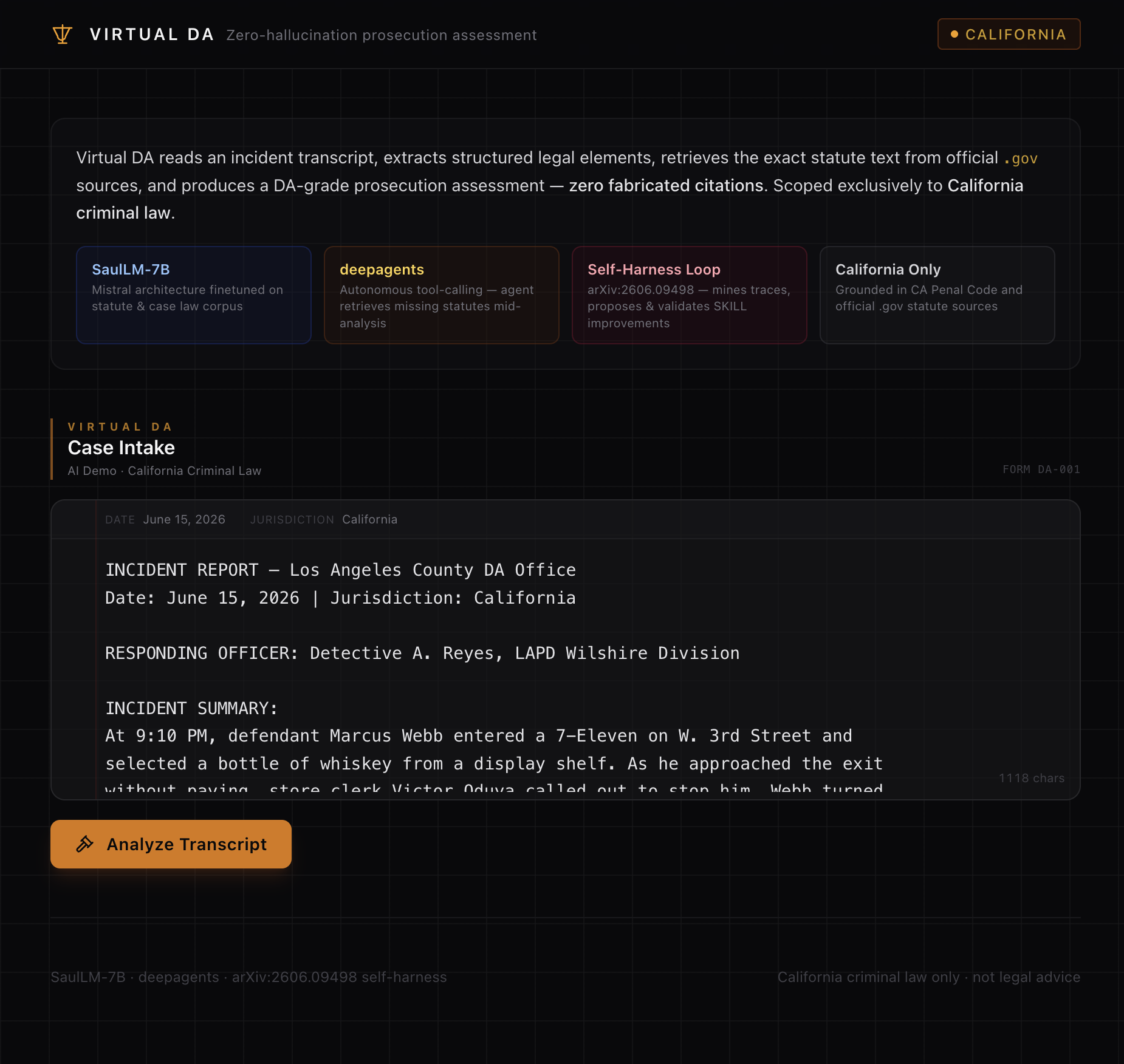 The Virtual DA intake form — paste any incident report and click Analyze