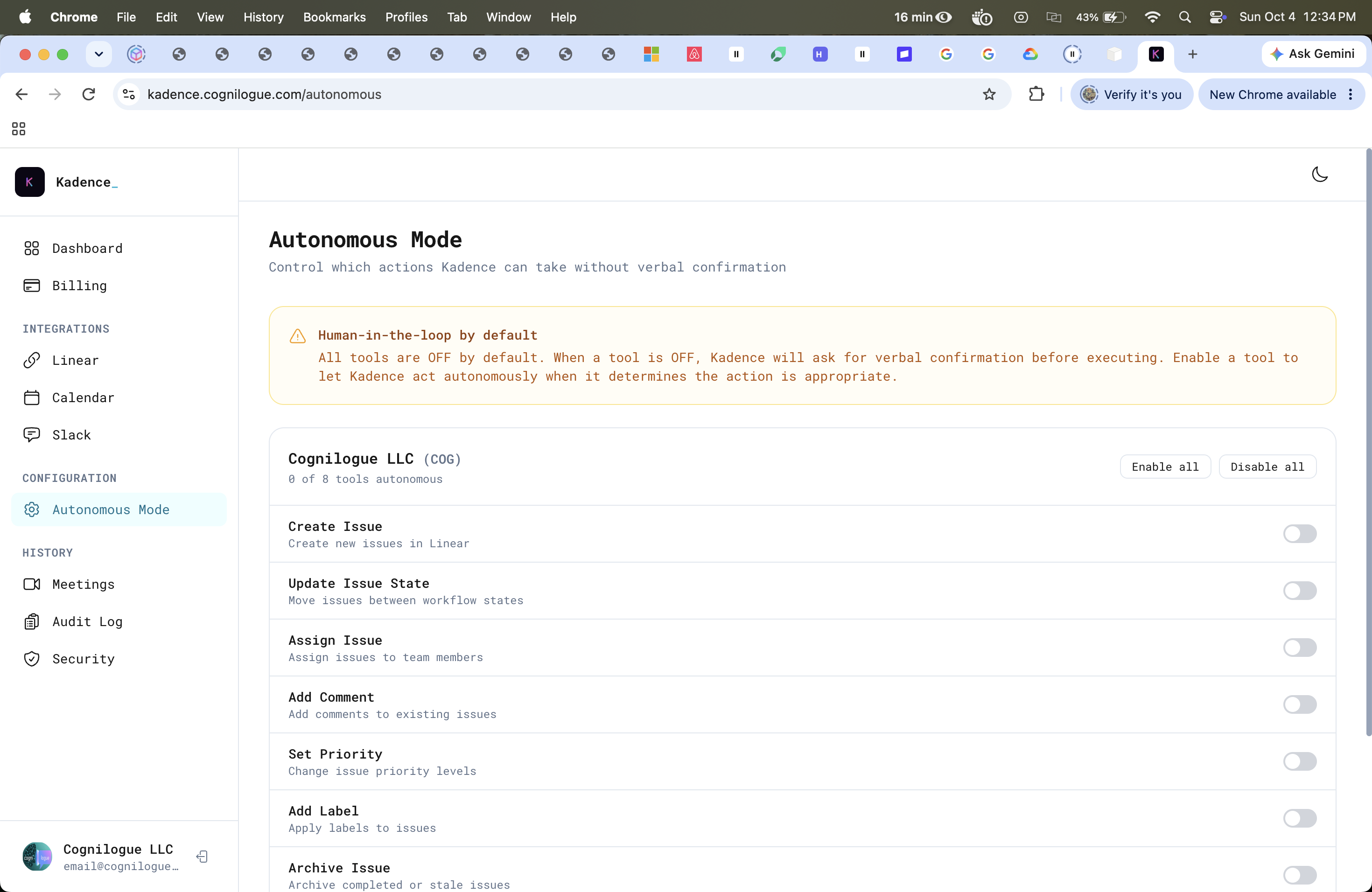 Autonomous Mode settings page, reading: Human-in-the-loop by default. All tools are OFF by default. When a tool is OFF, Kadence will ask for verbal confirmation before executing. Eight tools are listed, every toggle off, with the counter reading 0 of 8 tools autonomous.