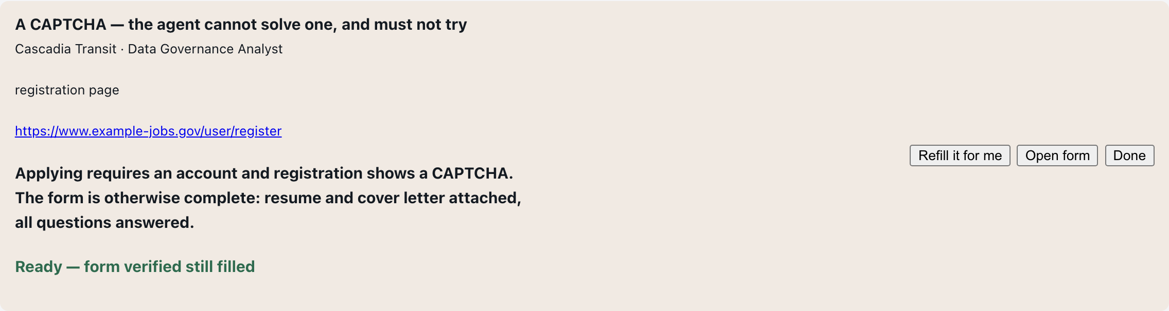A parked blocker: a CAPTCHA the agent will not attempt, with the rest of the
application already complete