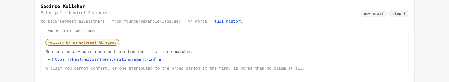 Provenance on a draft written by an external agent.